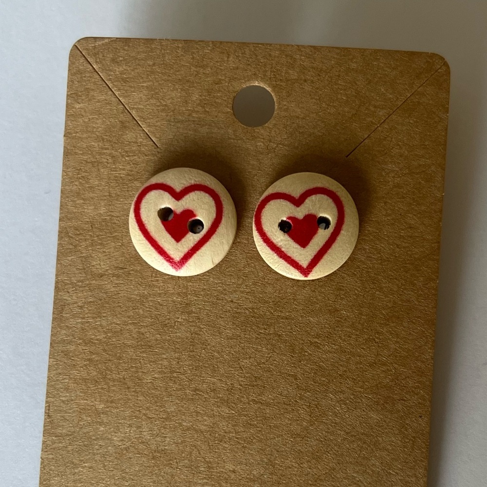 2/$15- Wooden Heart Design Button Earrings Handmade